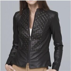 White House Black Market Leather Peplum Jacket/Blazer Size SP Quilted/Gold Studs